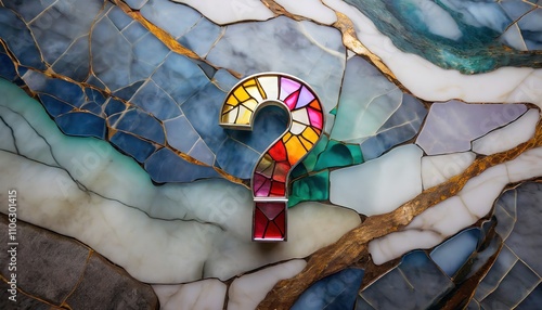 A second colorful stained-glass question mark embedded in a marble surface, symbolizing curiosity, mystery, and inquiry photo