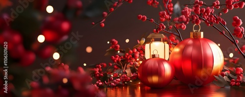 Festive decorations featuring red ornaments and luminescent lanterns create a warm and inviting holiday atmosphere.
