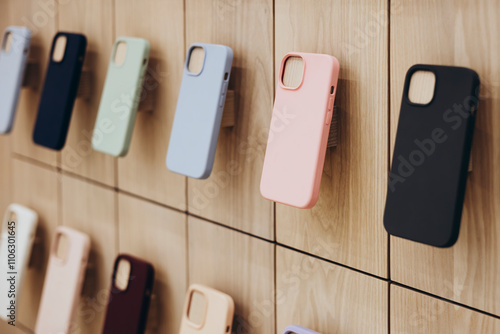 Assortment of protective cellphone phone cases in electronics shop interior.