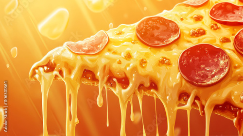 Mouthwatering Slice of Pepperoni Pizza Dripping With Cheese Under Warm Golden Light