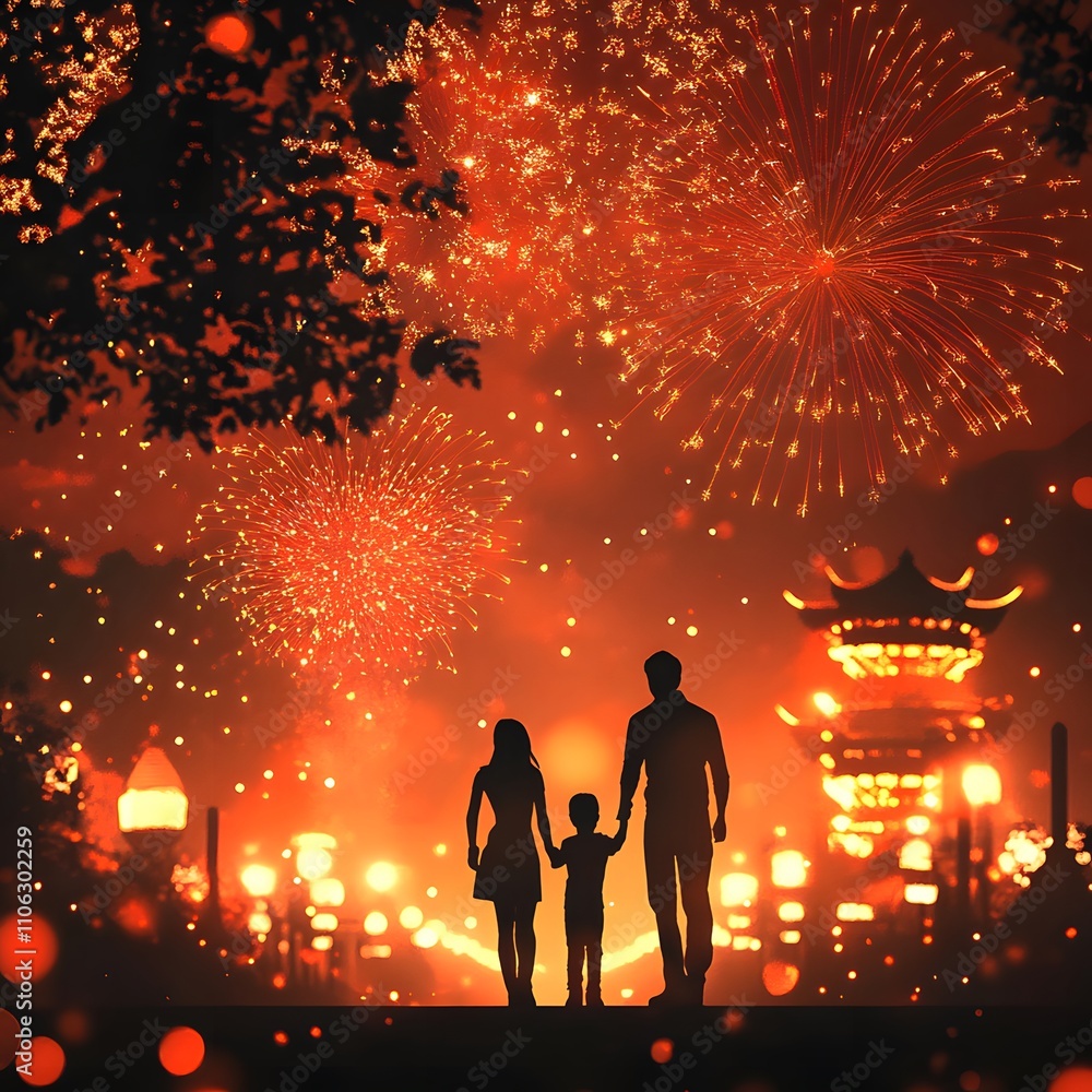 A family enjoys a vibrant festival night, surrounded by fireworks, lights, and a warm atmosphere, celebrating togetherness. A family enjoys a vibrant festival night, surrounded by fireworks, lights, and a warm atmosphere, celebrating togetherness.