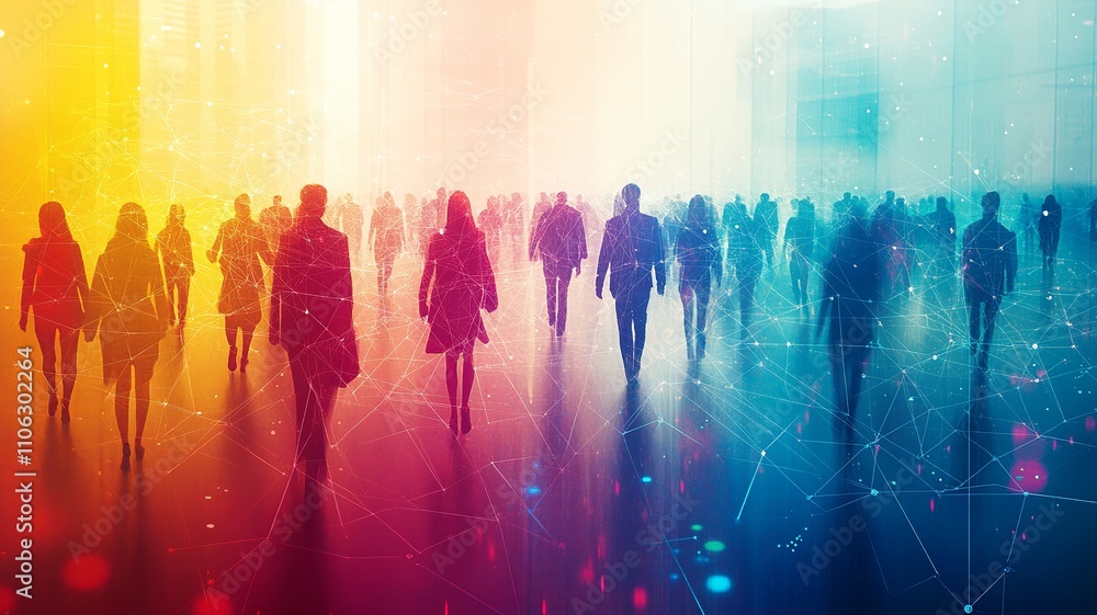 This image showcases colorful figures connected by lines against a cityscape silhouette, symbolizing the fusion of real-world and virtual interactions through social media This image showcases colorful figures connected by lines against a cityscape silhouette, symbolizing the fusion of real-world and virtual interactions through social media