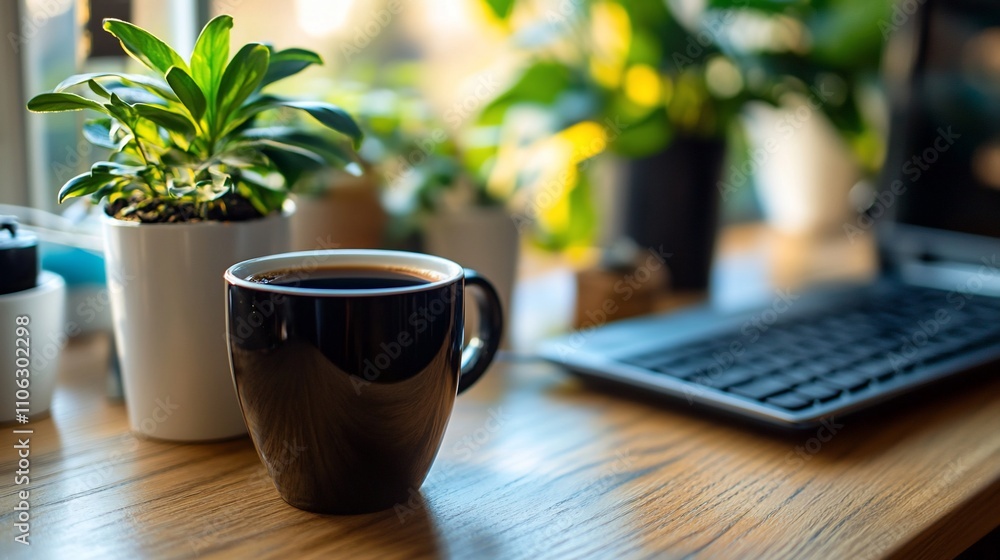 Coffee cup on desk with plants and laptop. Coffee cup on desk with plants and laptop.