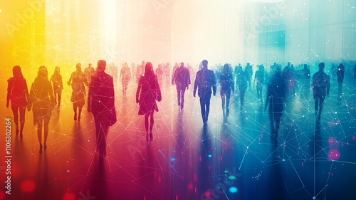 This image showcases colorful figures connected by lines against a cityscape silhouette, symbolizing the fusion of real-world and virtual interactions through social media