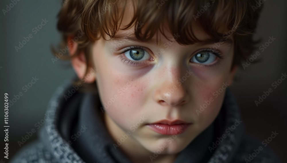 A young boy from Russia gazes directly at the viewer with captivating grey eyes. His tousled hair frames his face, and he wears a cozy dark hoodie. Rosy cheeks, piercing serious look. Generative AI A young boy from Russia gazes directly at the viewer with captivating grey eyes. His tousled hair frames his face, and he wears a cozy dark hoodie. Rosy cheeks, piercing serious look. Generative AI