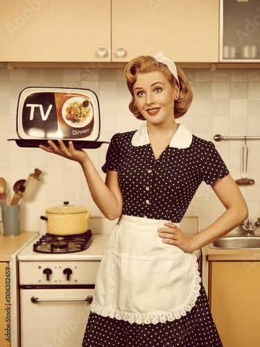 A cheerful 1950s housewife in a vintage kitchen holding a 
