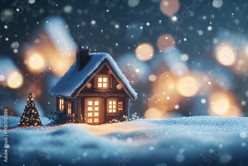 Traditional snowy cabin in a village, blurred background, clear snow in front, space on left for product stand, realistic winter scene 1