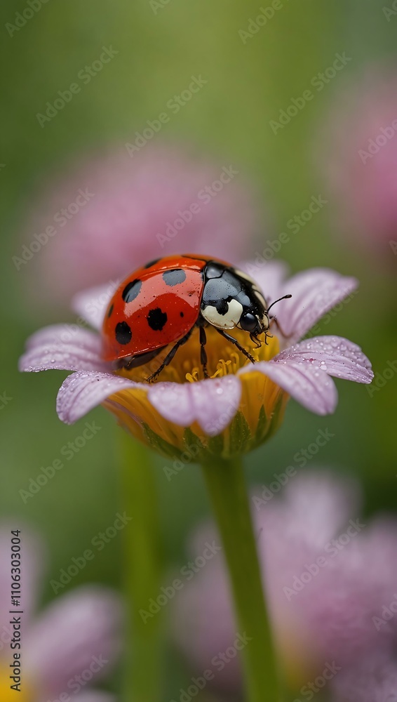 Fototapeta premium Little red ladybug on spring flowers, macro shot.