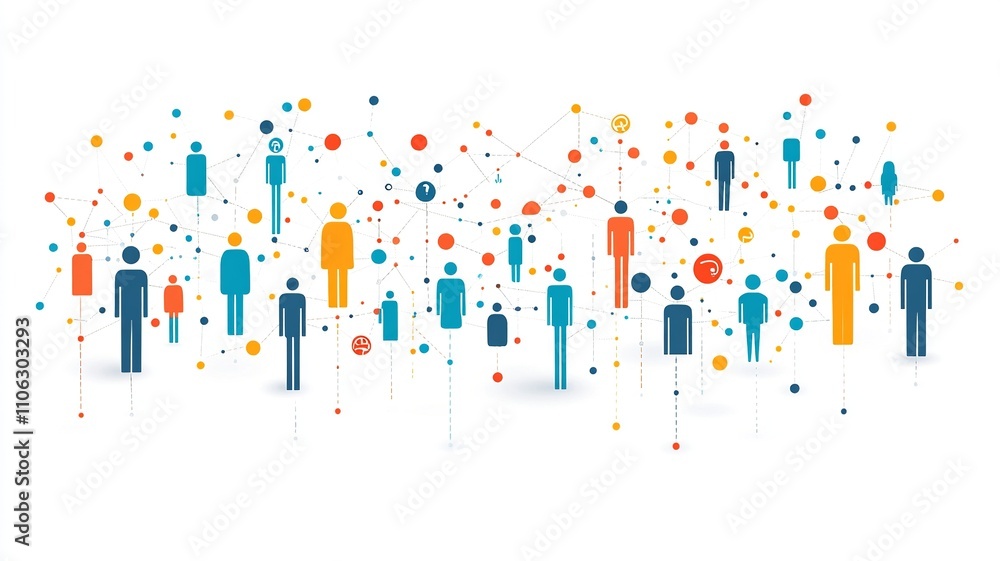 This image showcases colorful figures connected by lines against a cityscape silhouette, symbolizing the fusion of real-world and virtual interactions through social media This image showcases colorful figures connected by lines against a cityscape silhouette, symbolizing the fusion of real-world and virtual interactions through social media