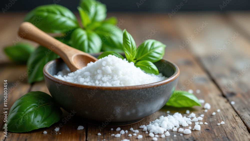 A bowl filled with Celtic sea salt flakes resting on a wooden surface, surrounded by basil leaves. A bowl filled with Celtic sea salt flakes resting on a wooden surface, surrounded by basil leaves.