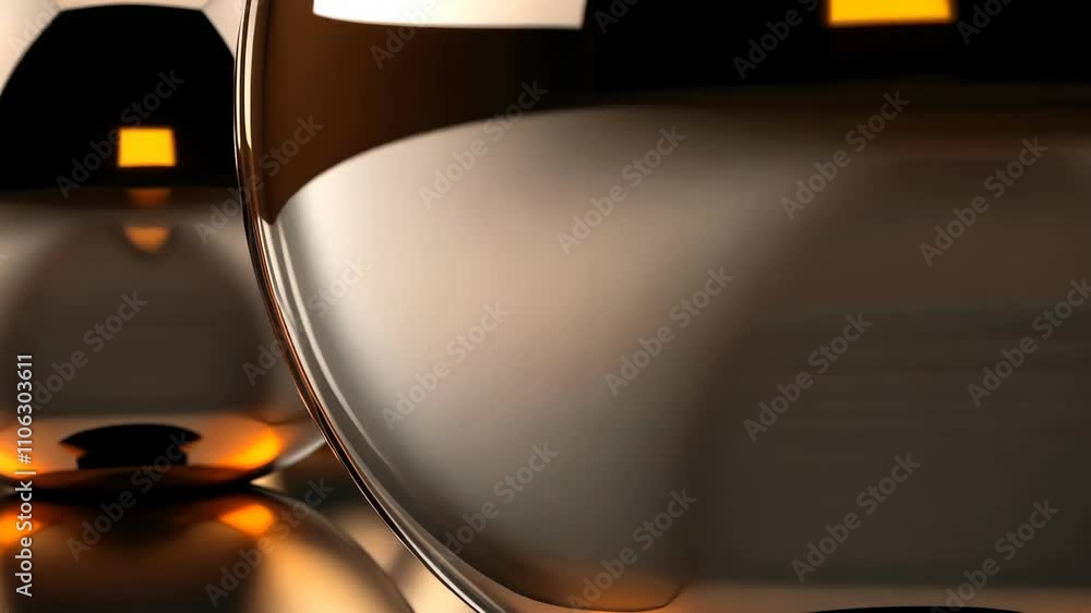 Shiny metallic spheres display reflective patterns in smooth rotational sequence Shiny metallic spheres display reflective patterns in smooth rotational sequence