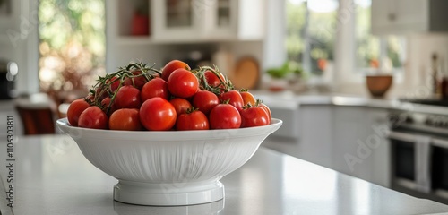 A decorative white bowl filled with exotic tamarillos on a kitchen island, with a stylish kitchen in soft focus behind. photo