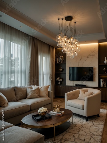 Living room with stylish lighting and chic decor.