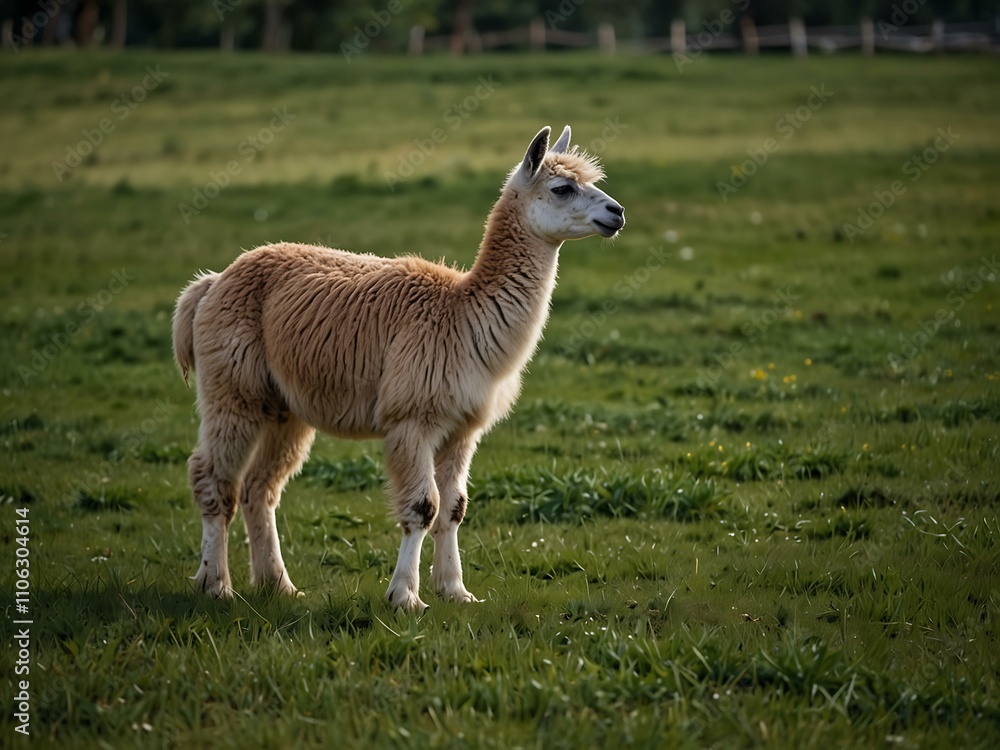 Fototapeta premium Llama grazing on green grass.