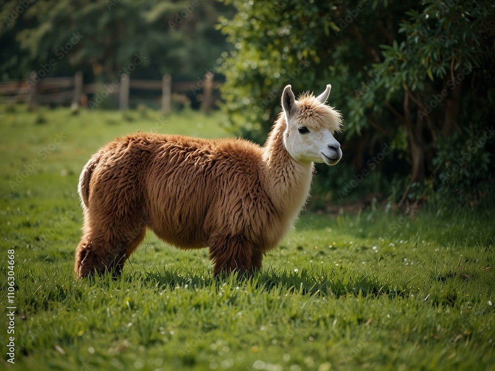 Obraz premium Llama grazing on green grass.