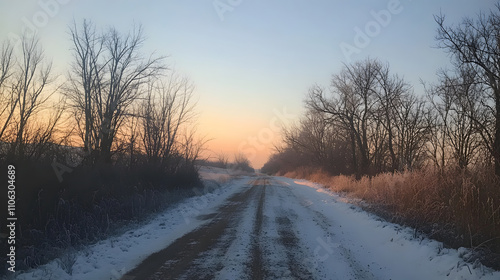 A snow covered road surrounded by trees on a beautiful morning