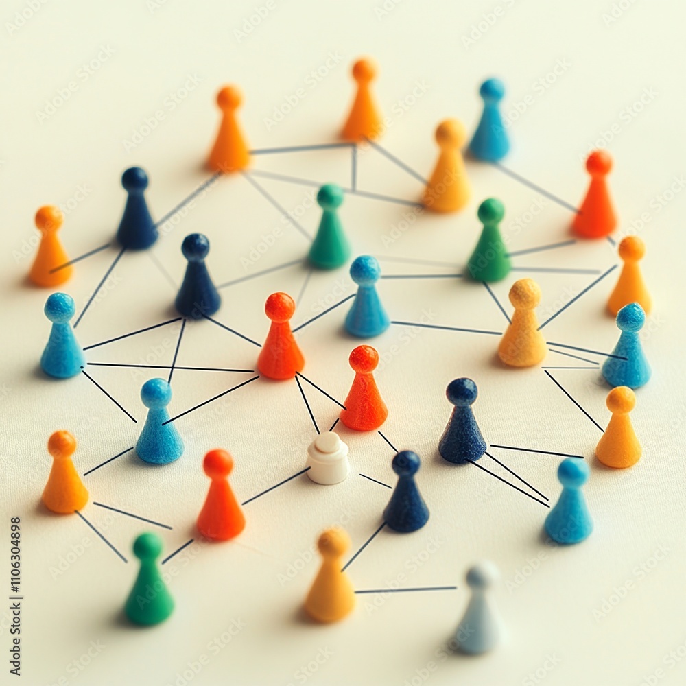 This image showcases colorful figures connected by lines against a cityscape silhouette, symbolizing the fusion of real-world and virtual interactions through social media This image showcases colorful figures connected by lines against a cityscape silhouette, symbolizing the fusion of real-world and virtual interactions through social media