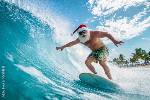 Santa Claus riding a surfboard on a giant wave, wearing Hawaiian shorts and sunglasses, vibrant tropical beach scene, joyful energy, close-up shot 5