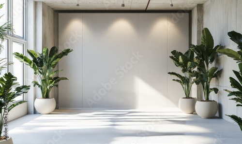 A bright, minimalist podcast studio with light grey acoustic panels on the walls in a sleek pattern. with big plant pots on both sides.