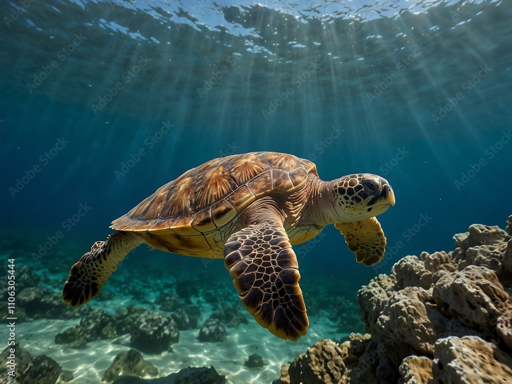 Obraz premium Loggerhead turtle swimming off Kas, Antalya, Turkey.