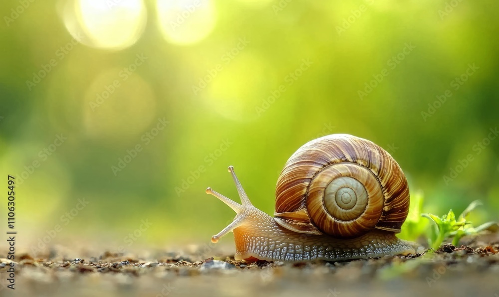 A close-up of a snail with a beautiful spiral shell, slowly moving on the ground with blurred green background A close-up of a snail with a beautiful spiral shell, slowly moving on the ground with blurred green background