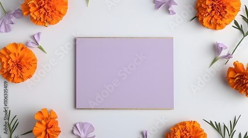 Purple Blank Card Surrounded by Orange Marigold and Lavender Flowers on White Background – Floral Greeting or Minimalist Invitation Concept

 photo