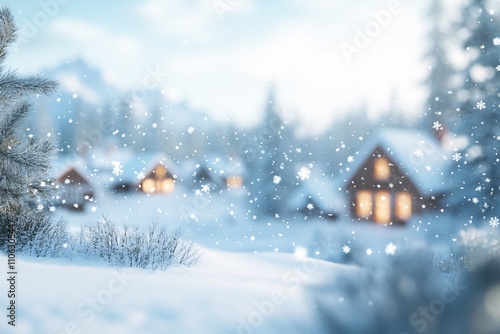 Realistic snowy village in blur, rustic cabin, snowflakes at front, left side empty for product display, ultra-detailed resolution 2