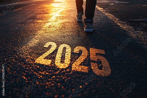 Wallpaper Mural Low-angle view of a person walking towards golden "2025" on asphalt, warm sunset hues, dramatic shadows, detailed texture on road, cinematic effect 1 Torontodigital.ca