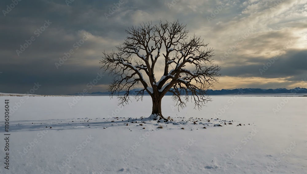 Fototapeta premium Lone tree in a snow-covered desert landscape.