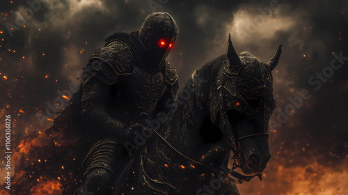 Otherworldly dark fantasy knight astride demonic steed glowing red eyes smoke and embers medieval armor with eldritch symbols ominous stormy background. Eldritch. Illustration photo