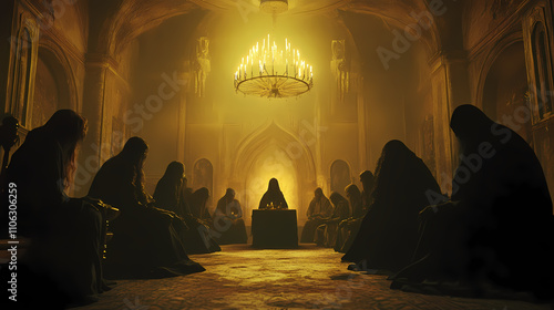 Secretive occult practitioners gathered in a dimly lit chamber for arcane rituals and mysticism. Eldritch. Illustration