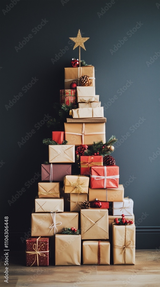 packed presents with ribbons on a pile in shape of christmas tree with a star on top isolated packed presents with ribbons on a pile in shape of christmas tree with a star on top isolated