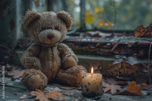 Haunted attic with old toys and flickering candle casting eerie shadows
