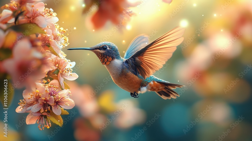 Naklejka premium Vibrant Hummingbird Among Colorful Blossoms in a Lush Garden