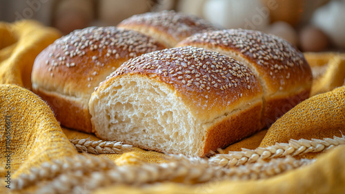 Frisch gebackenes Brot und Weizenstängel im warmen Licht photo