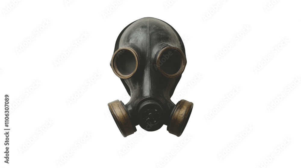 A single gas mask centered on a stark white background. A single gas mask centered on a stark white background.