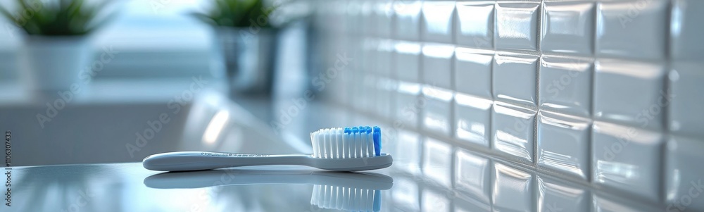 Toothbrush sitting on a counter in front of a tiled wall Toothbrush sitting on a counter in front of a tiled wall