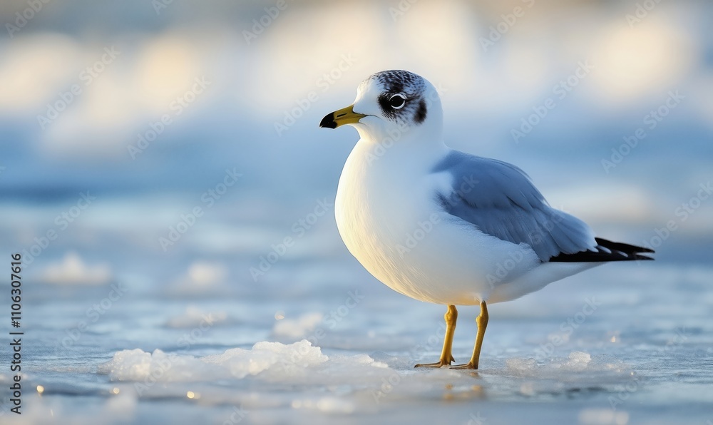 Seagull standing on ice, serene winter scene, soft blue background, detailed plumage, calm atmosphere Seagull standing on ice, serene winter scene, soft blue background, detailed plumage, calm atmosphere