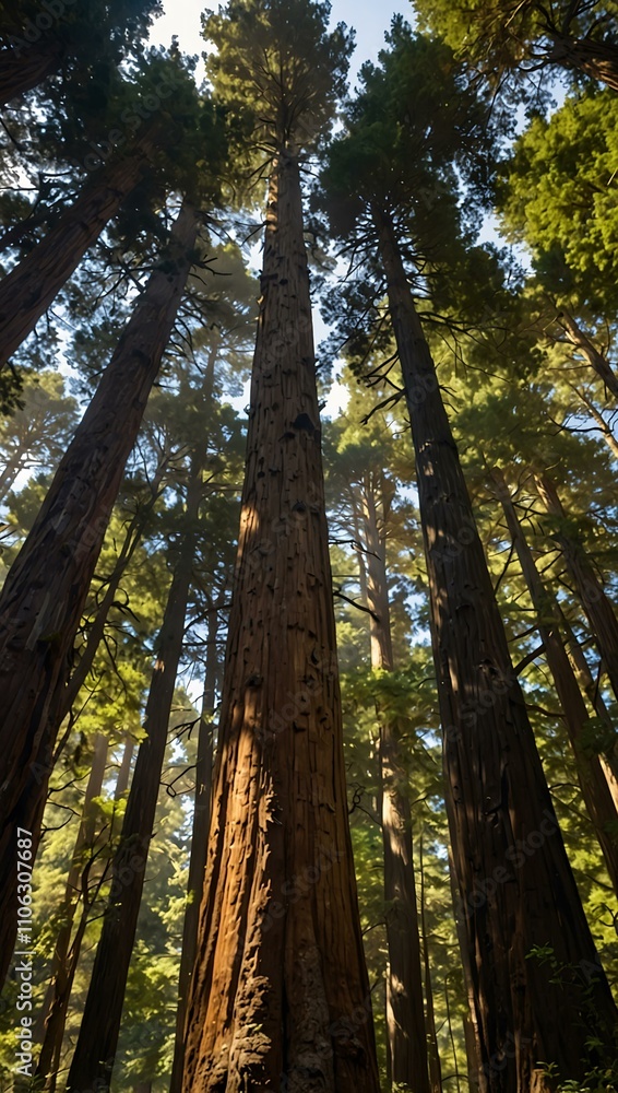 Looking up at giant redwoods in Muir Woods, California. Looking up at giant redwoods in Muir Woods, California.