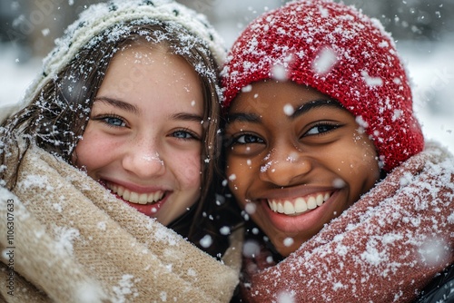 Close-up of two girls with light skin and one with dark skin, smiling warmly, bundled up in scarves and jackets, snowflakes on their faces, snowy background 1 photo