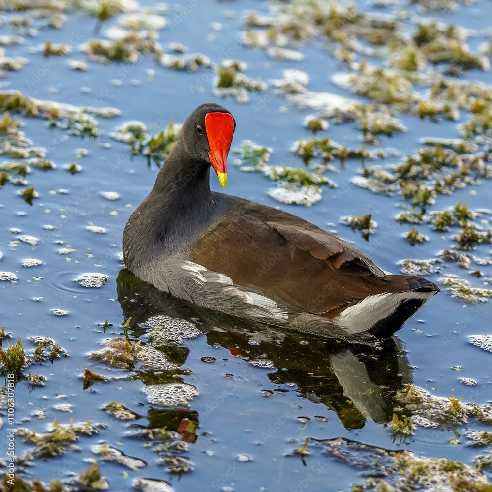 In this vivid photograph, a common moorhen wades gracefully through the wetlands of Florida, its striking red and yellow beak standing out against sleek black feathers. In this vivid photograph, a common moorhen wades gracefully through the wetlands of Florida, its striking red and yellow beak standing out against sleek black feathers.