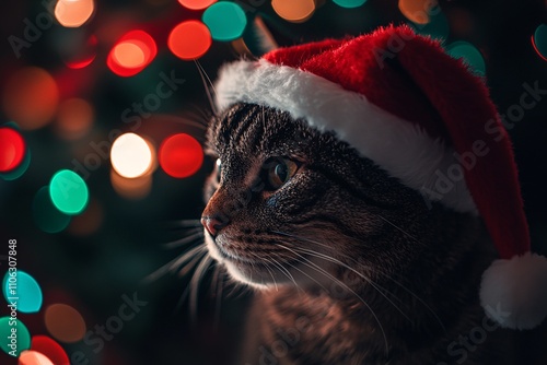 Close-up of a joyful cat wearing Santa hat, surrounded by colorful bokeh lights, happy expression, festive red and green decor, holiday ambiance 3 photo