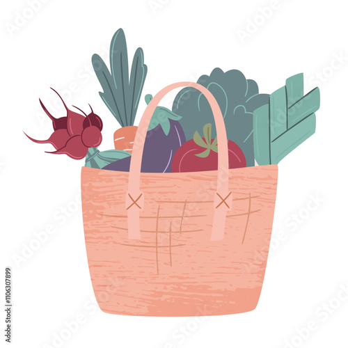 Eco bag or basket full of vegetables. Cotton eco shoppers, zero waste concept, bio market, reusable items. Grocery order, local farm market. Vector illustration