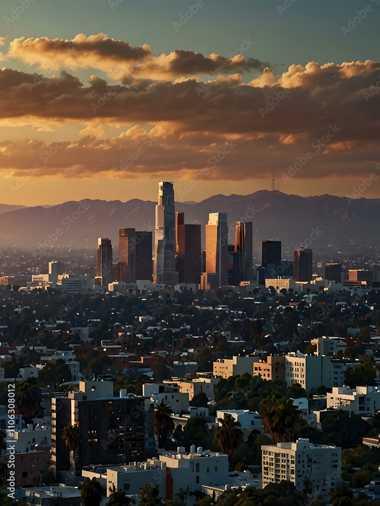 Fototapeta premium Los Angeles cityscape transitioning from day to night.
