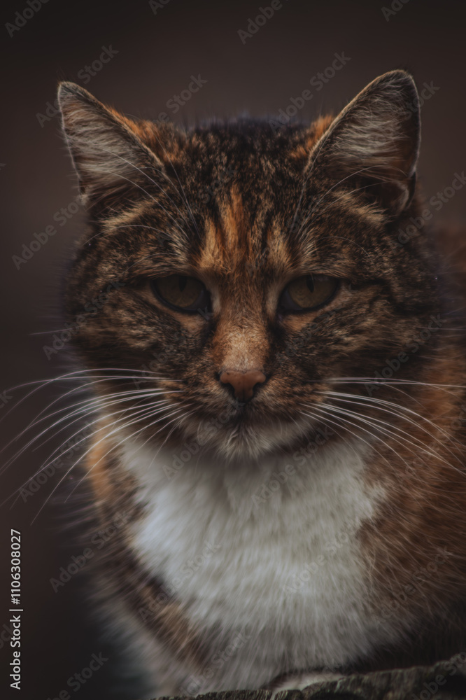 A fluffy tabby cat with striking orange and black fur gazes intensely at the camera, its white chest fur contrasts with its dark surroundings, exuding an aura of confidence and curiosity. A fluffy tabby cat with striking orange and black fur gazes intensely at the camera, its white chest fur contrasts with its dark surroundings, exuding an aura of confidence and curiosity.
