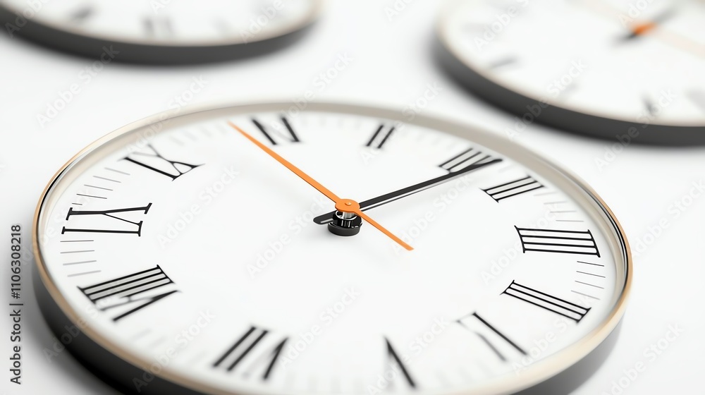 A close-up view of decorative clocks featuring Roman numerals, each ticking away the seconds. Ideal for concepts related to time management, punctuality, and productivity. A close-up view of decorative clocks featuring Roman numerals, each ticking away the seconds. Ideal for concepts related to time management, punctuality, and productivity.