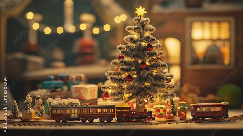 Retro Christmas tree with tinsel, muted glass baubles, and warm lights. A train set circles vintage tin toys and wrapped gifts at its base, creating a cozy, nostalgic holiday ambiance. Retro Christmas tree with tinsel, muted glass baubles, and warm lights. A train set circles vintage tin toys and wrapped gifts at its base, creating a cozy, nostalgic holiday ambiance.