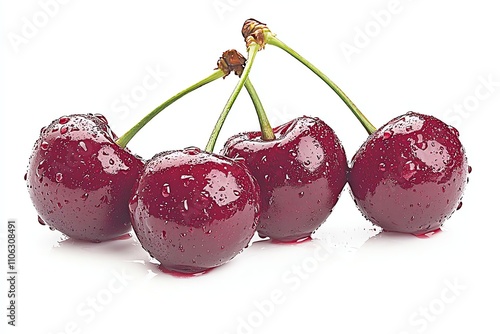 A close-up view of fresh, ripe cherries with droplets of water, showcasing their vibrant red color and glossy surface. Perfect for concepts related to health, snacks, and summer. photo