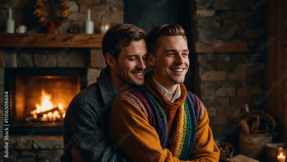 Obraz premium Loving embrace between two men by the fireside, symbolizing LGBTQ+ love.