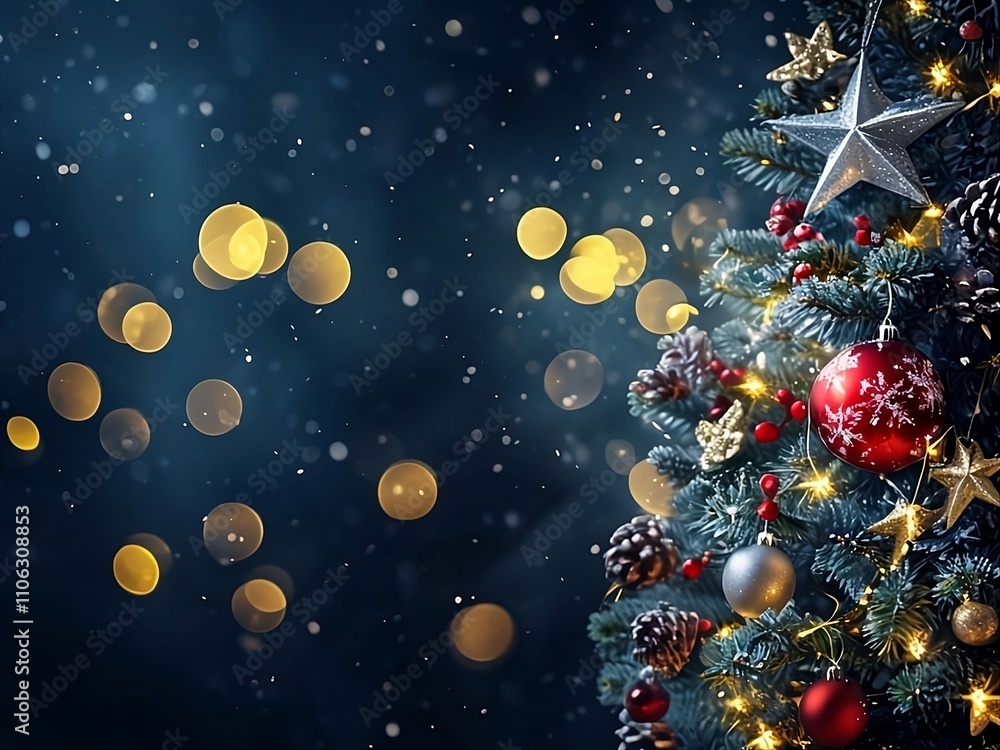 Golden Bokeh and Baubles with Snow Decorate Christmas Tree Golden Bokeh and Baubles with Snow Decorate Christmas Tree